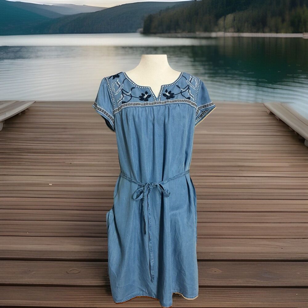 Style & Co Blue Sz L Embroidered Dress Boho Tribal Peasant Feminine Lightweight